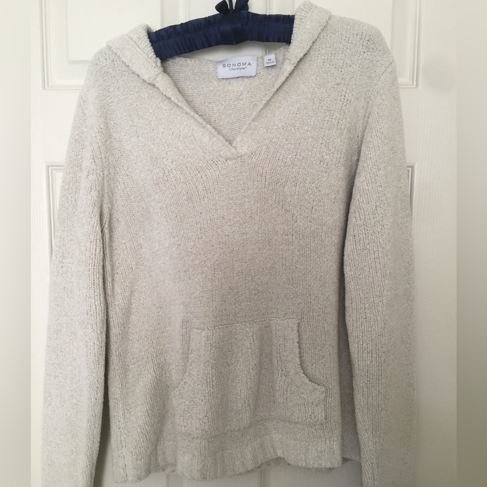 Sonoma Beige V-Neck Knit Sweater with Hoodie Medium